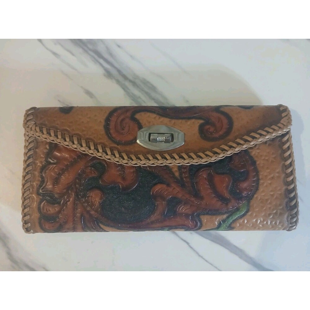 Vintage Handcrafted Tooled Leather Clutch Purse Turn Lock Stitched Edges Floral